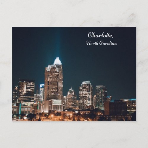 Charlotte North Carolina City Skyline Night Postcard