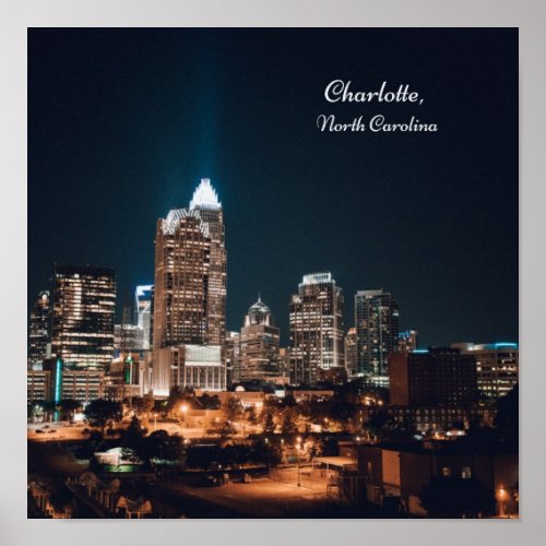 Charlotte North Carolina City Skyline Night Poster