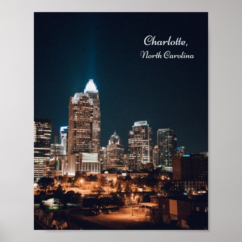 Charlotte North Carolina City Skyline Night Poster