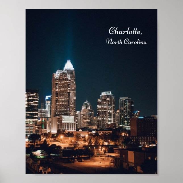 Charlotte North Carolina City Skyline Night Poster (Front)