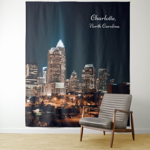 Charlotte North Carolina City Skyline Night Tapestry