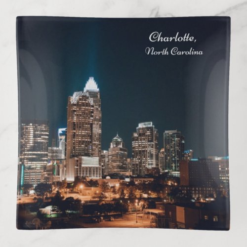 Charlotte North Carolina City Skyline Night Trinket Tray
