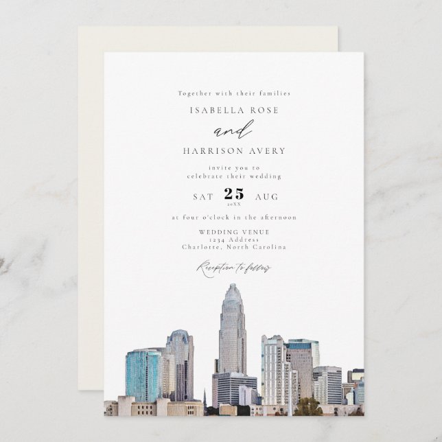 CHARLOTTE NORTH CAROLINA City Skyline Wedding Invitation (Front/Back)