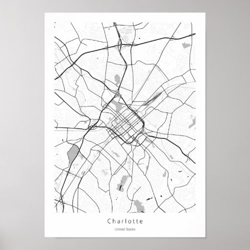 Charlotte North Carolina Modern Minimal City Map Poster