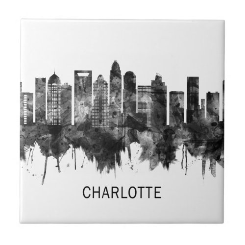 Charlotte North Carolina Skyline BW Ceramic Tile