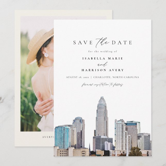 CHARLOTTE NORTH CAROLINA Skyline Save the Date Invitation (Front/Back)