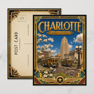 Charlotte North Carolina Vintage Art Deco Golden Postcard