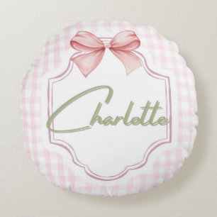 Charlotte Personalized Pink Bow & Gingham Print  Round Pillow