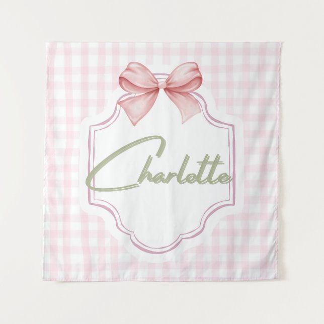 Charlotte Personalized Pink Bow & Gingham Print  Tapestry (Front)