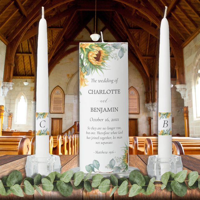  Charlotte Rustic Script Sunflower Christian Unity Candle Set (Charlotte rustic Christian wedding ceremony candle set with Bible verse.)