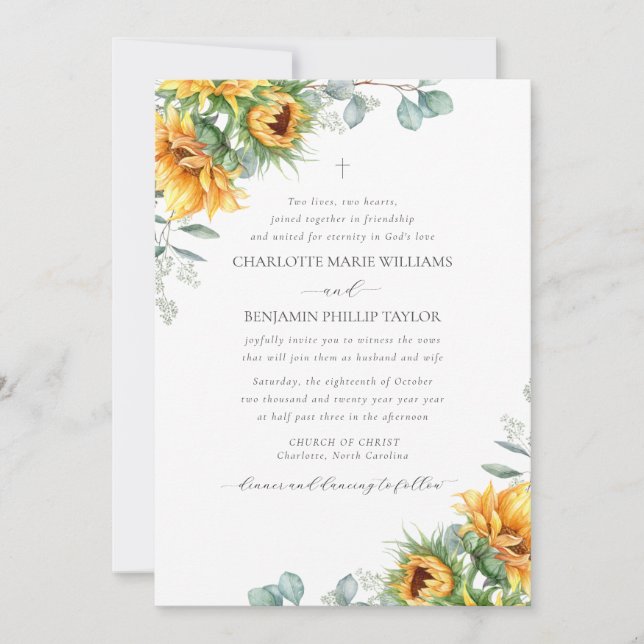 Charlotte Rustic Sunflowers Christian Wedding Invitation (Front)