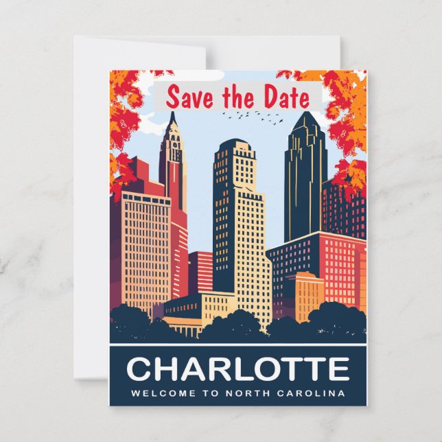 Charlotte Skyline Blue Wedding Invitation (Front)