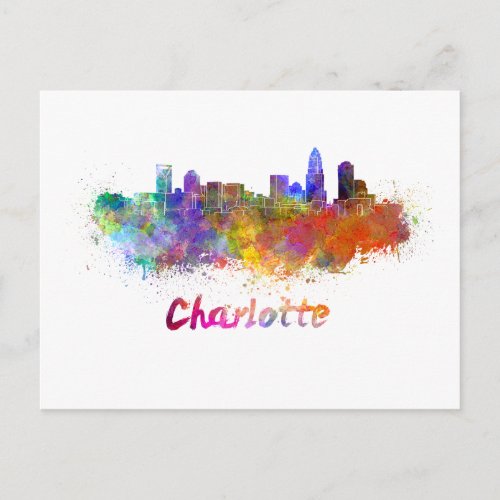 Charlotte skyline in watercolor postcard