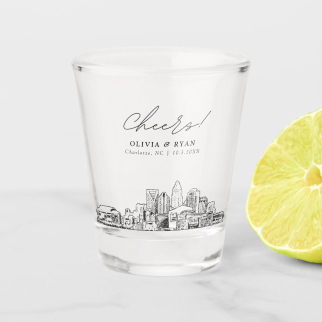 Charlotte Wedding Favor Personalized Cheers Shot Glass (Front)