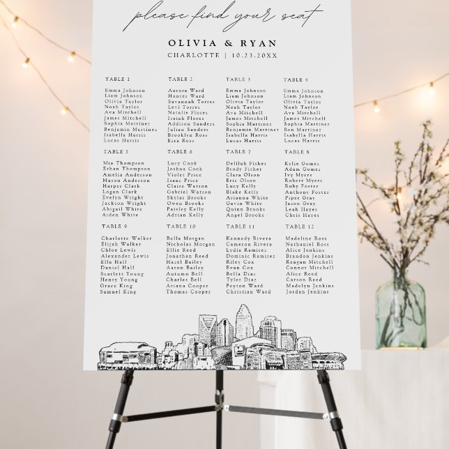 Charlotte Wedding Seating Chart 12 Tables 24x36 Foam Board (In Situ (Stand))