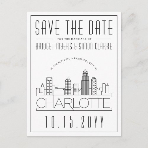 Charlotte Wedding  Stylized Skyline Save the Date Postcard