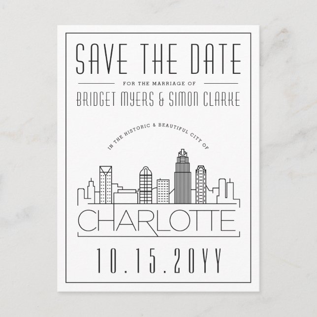 Charlotte Wedding | Stylized Skyline Save the Date Postcard (Front)