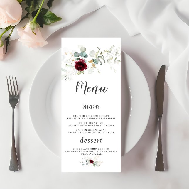 Charm Airy Greenery Burgundy Floral Gold Wedding  Menu (Creator Uploaded)