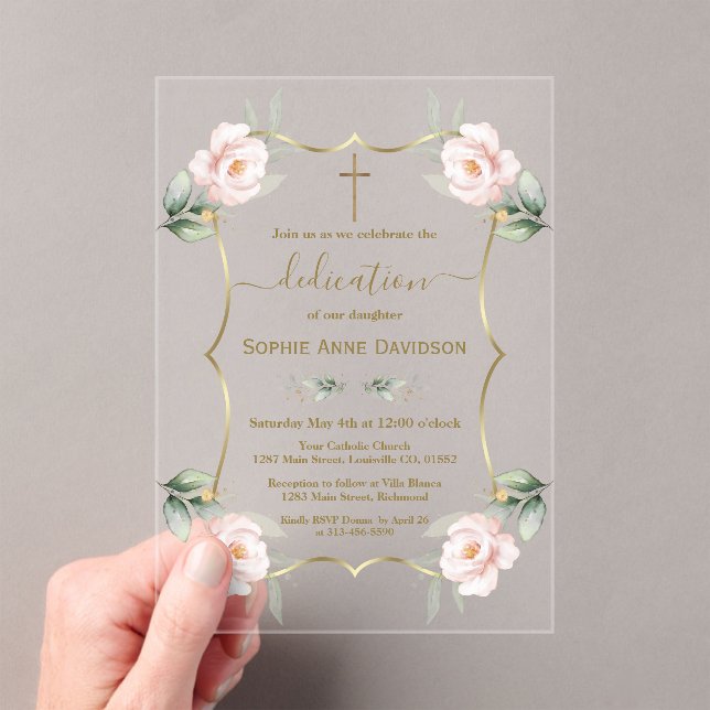 Charm Airy Greenery Pink Girl Floral Dedication  Acrylic Invitations (Insitu (Handheld))