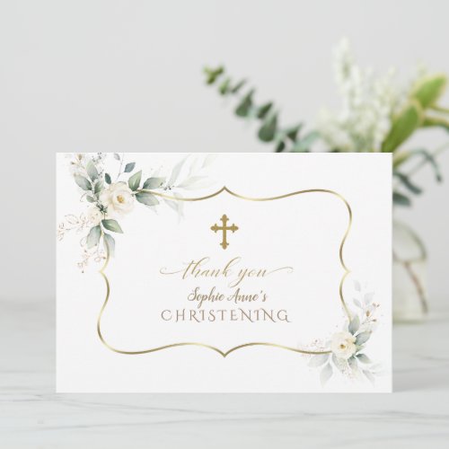 Charm Airy Greenery White Flowers Girl Christening Thank You Card