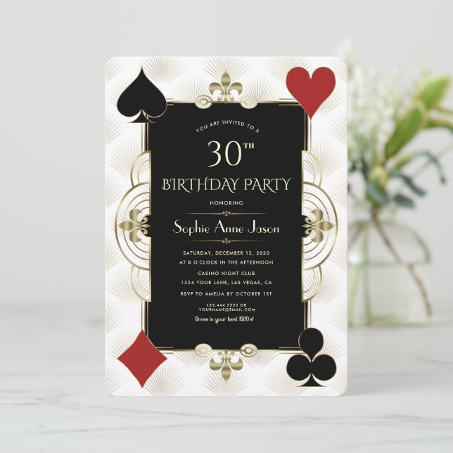 Charm Art Deco Casino Poker Woman 30th Birthday  Invitation (Standing Front)