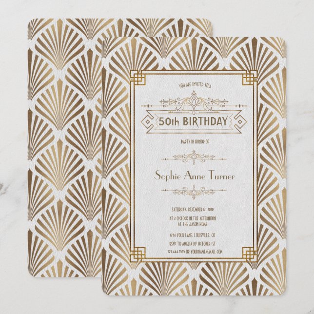 Charm Art Deco White Gatsby 50th Birthday Party Invitation (Front/Back)