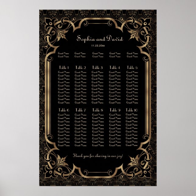 Charm Black Great Gatsby Art Deco Seating Chart (Front)