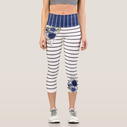 Charm Black White Stripes Navy Blue Floral Pattern Capri Leggings