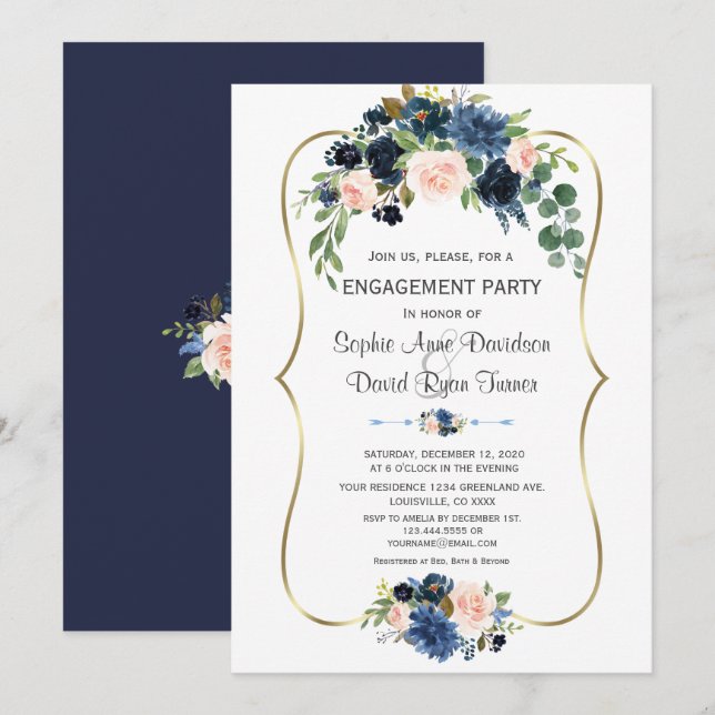 Charm Blue Blush Floral Gold Engagement Invitation (Front/Back)