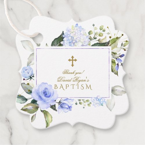 Charm Blue Cream Flowers Frame Gold Cross Baptism Favor Tags