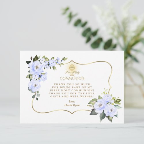 Charm Blue Floral Gold Cross Boy Holy Communion  Thank You Card