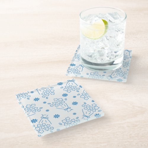 Charm Blue Flower Bouquet Pattern Glass Coaster