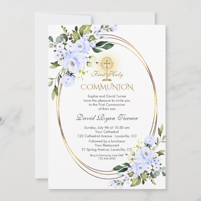 Charm Blue Flowers Boy Gold First Holy Communion  Invitation (Front)