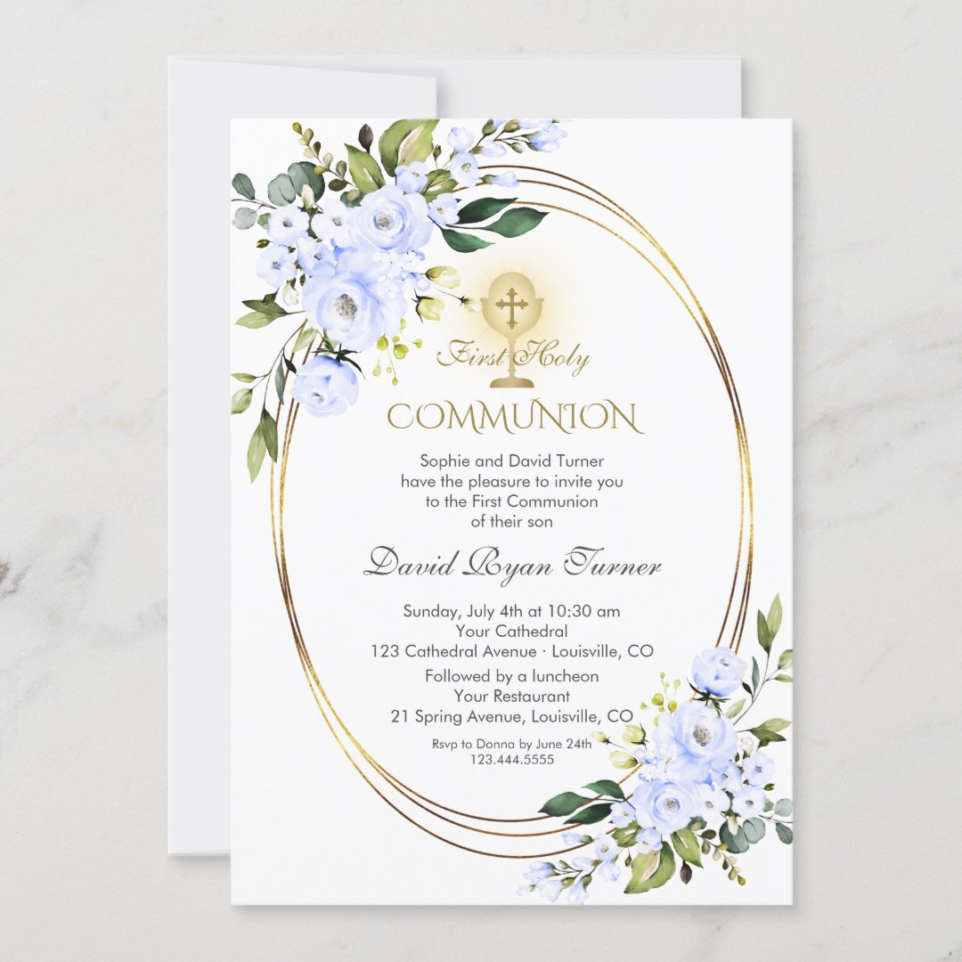 Charm Blue Flowers Boy Gold First Holy Communion Invitation | Zazzle