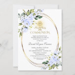Charm Blue Flowers Boy Gold First Holy Communion  Invitation