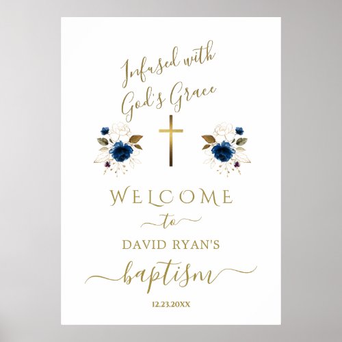 Charm Blue Flowers Gold Boy Baptism Welcome Sign