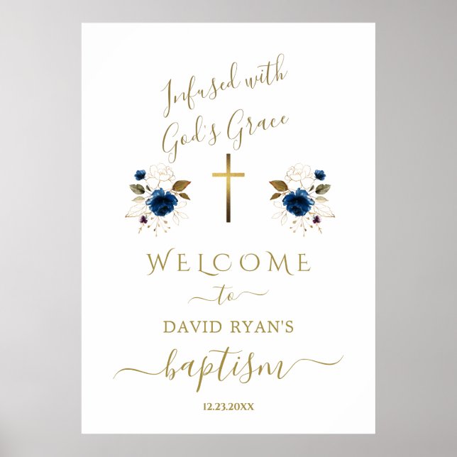 Charm Blue Flowers Gold Boy Baptism Welcome Sign (Front)