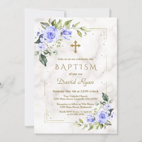 Charm Blue Flowers Gold Glitter Marble Boy Baptism Invitation