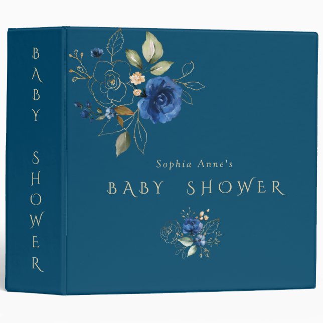 Charm Blue Gold Flowers Baby Shower Photo Album 3 Ring Binder (Front/Spine)