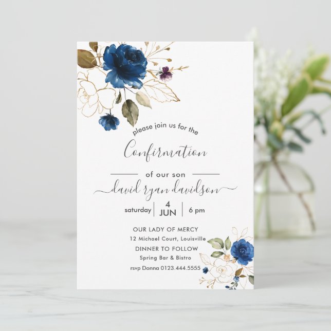 Charm Blue Gold Flowers Boy Confirmation Invitation (Standing Front)