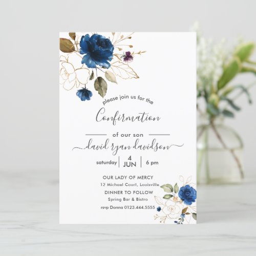 Charm Blue Gold Flowers Boy Confirmation Invitation