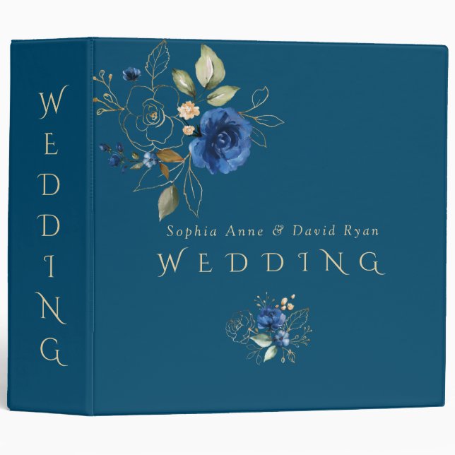 Charm Blue Gold Flowers Wedding Photo Album 3 Ring Binder (Front/Spine)