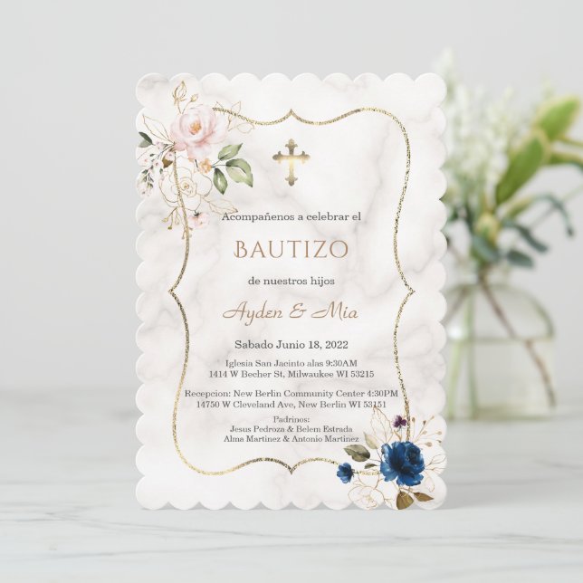 Charm Blue Pink Floral Rose Gold Twins Baptism  Invitation (Standing Front)