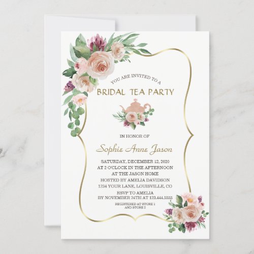 Charm Blush Champagne Floral Gold Bridal Tea Party Invitation