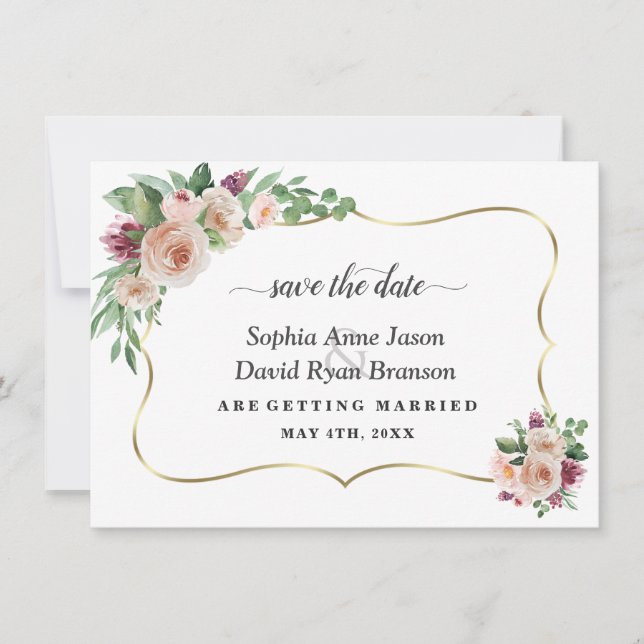Charm Blush Champagne Flowers Calligraphy Wedding Save The Date (Front)