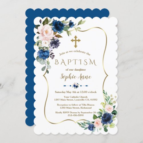 Charm Blush Classic Blue Flowers Gold Girl Baptism Invitation