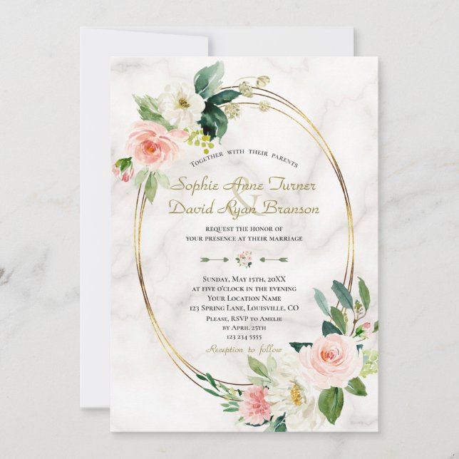 Charm Blush Cream Flowers Marble Gold Wedding Invitation (Front)