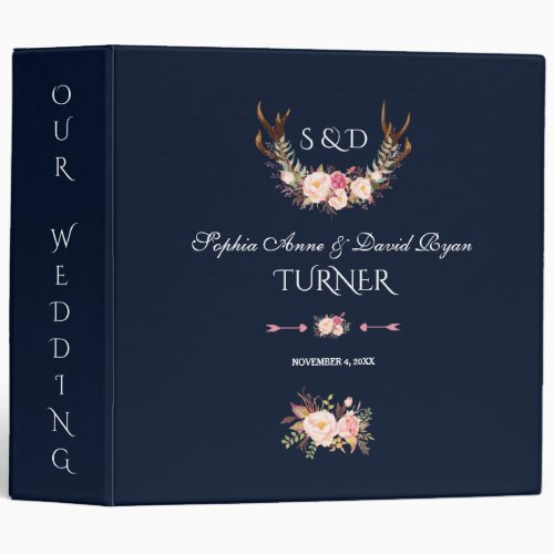Charm Blush Floral Antlers Navy Wedding Album 3 Ring Binder
