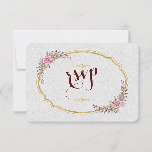 Charm Blush Floral Gold Frame White Wedding RSVP (Front)
