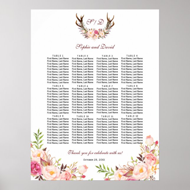 Charm Blush Flowers Antlers Wedding Seating Chart (Front)